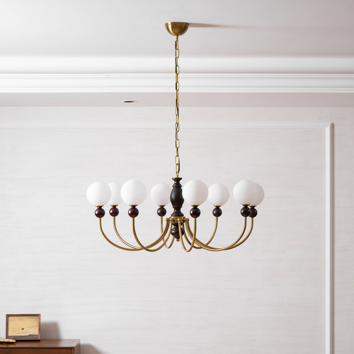 Carmina Orbital Chandelier – Modern Glass and Wood Designer Ceiling Light