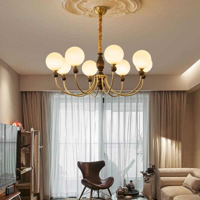 Carmina Orbital Chandelier – Modern Glass and Wood Designer Ceiling Light