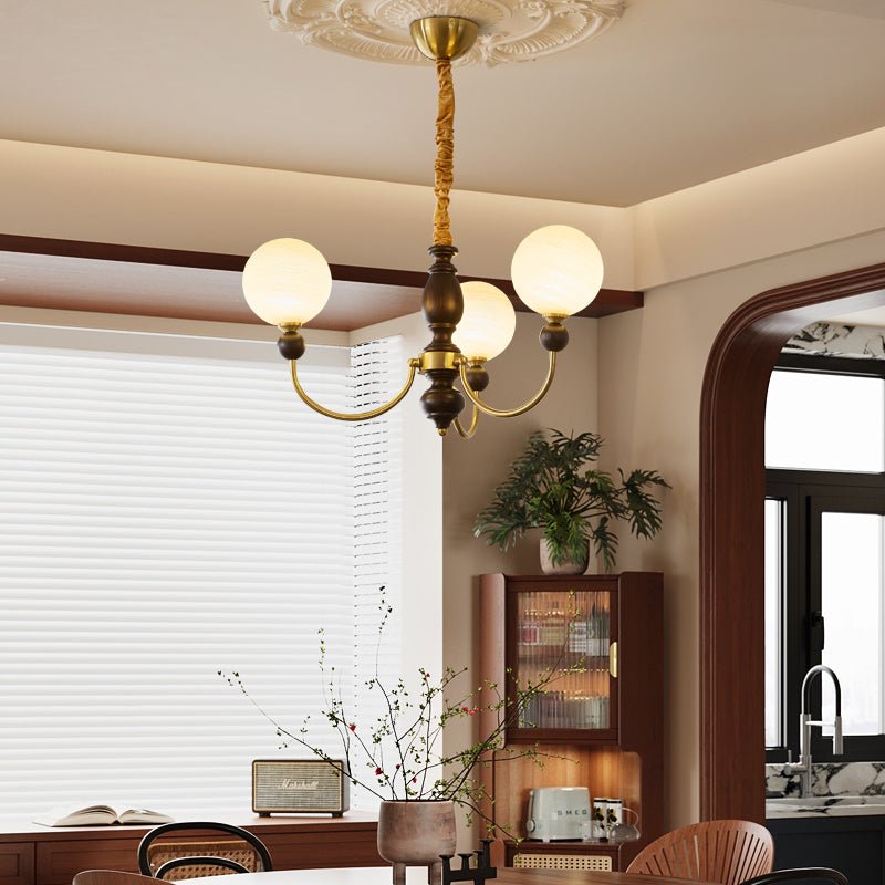 Carmina Orbital Chandelier – Modern Glass and Wood Designer Ceiling Light