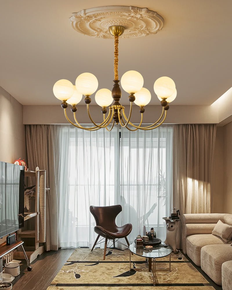 Carmina Orbital Chandelier – Modern Glass and Wood Designer Ceiling Light