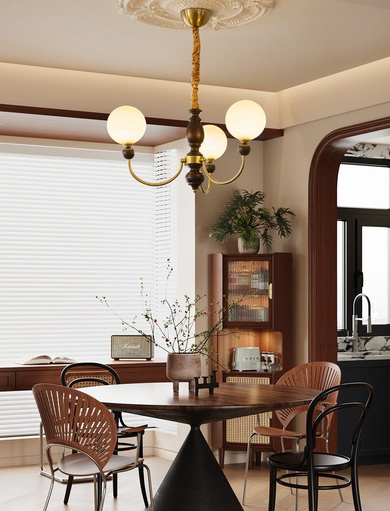 Carmina Orbital Chandelier – Modern Glass and Wood Designer Ceiling Light