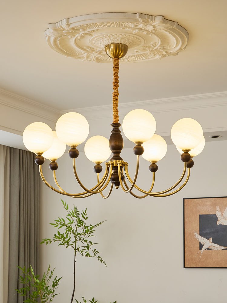 Carmina Orbital Chandelier – Modern Glass and Wood Designer Ceiling Light