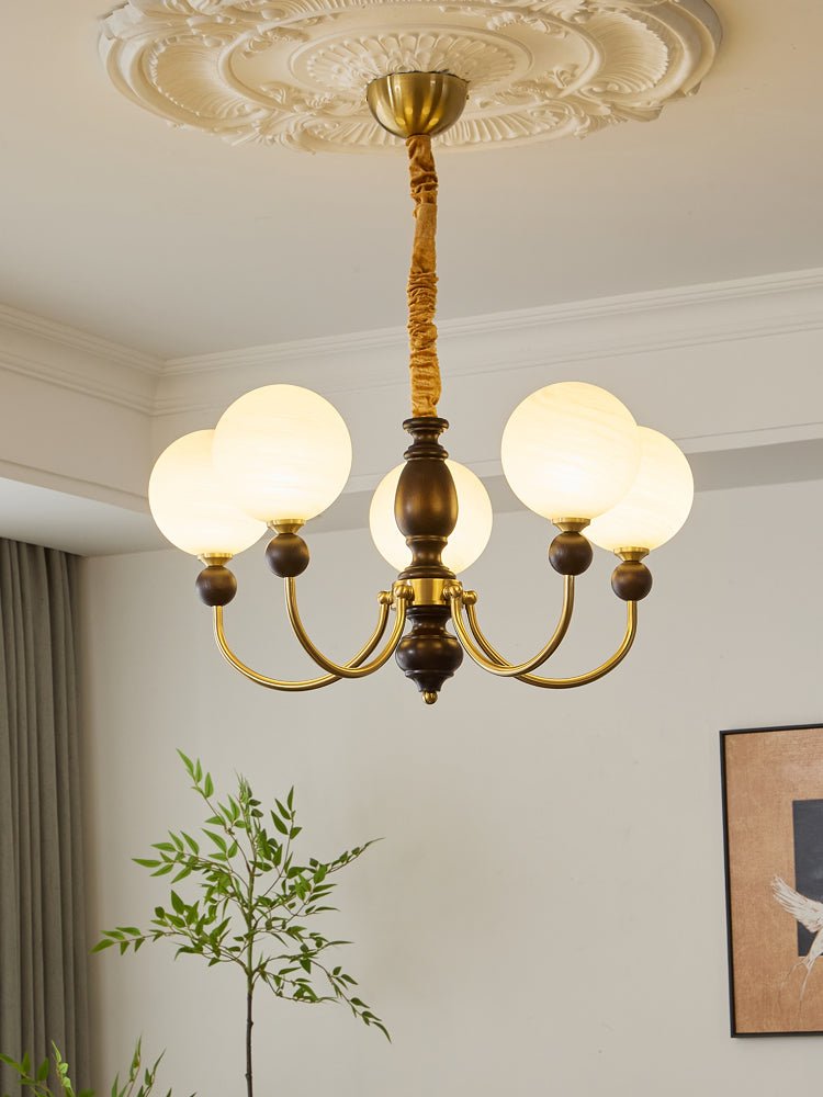Carmina Orbital Chandelier – Modern Glass and Wood Designer Ceiling Light