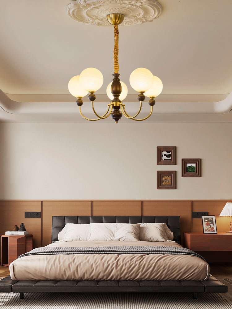 Carmina Orbital Chandelier – Modern Glass and Wood Designer Ceiling Light