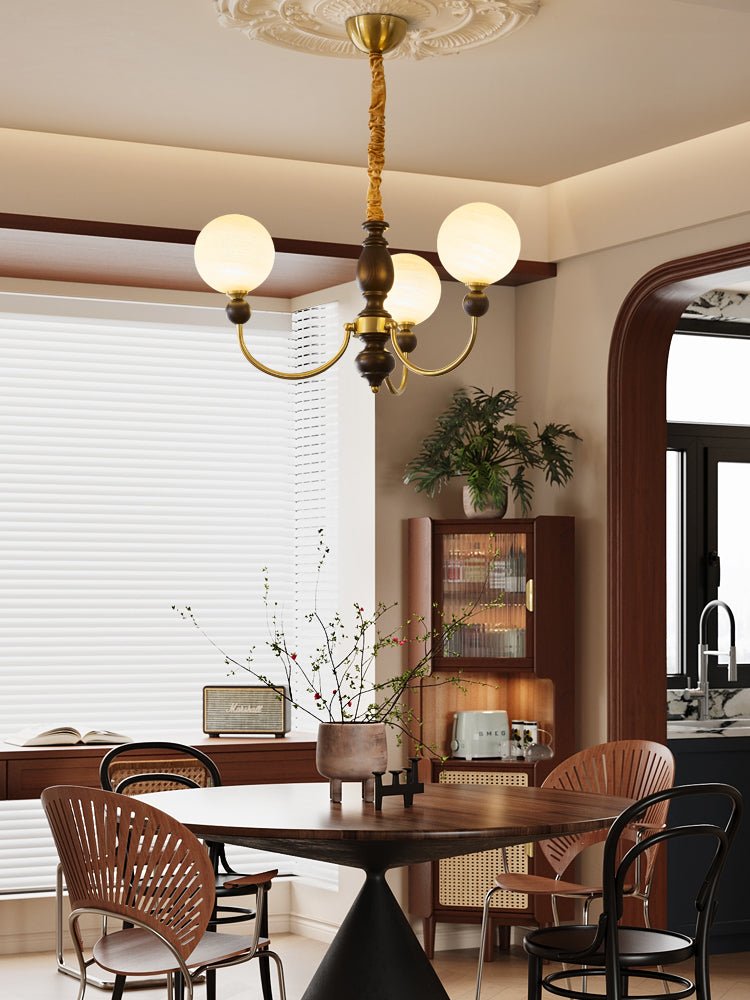 Carmina Orbital Chandelier – Modern Glass and Wood Designer Ceiling Light