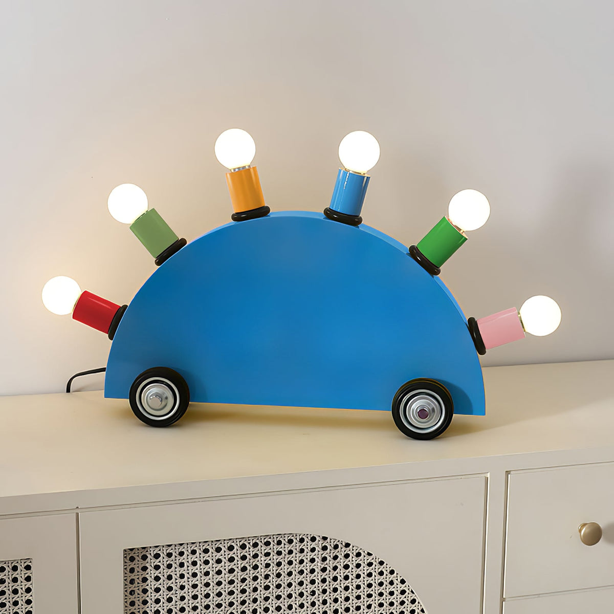 Memphis Style Cartoon Car Table Lamp with Six Bulbs, Metal Body in Yellow or Blue