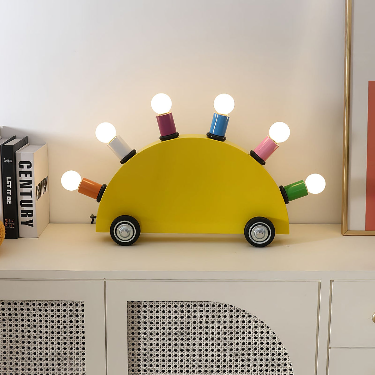 Memphis Style Cartoon Car Table Lamp with Six Bulbs, Metal Body in Yellow or Blue