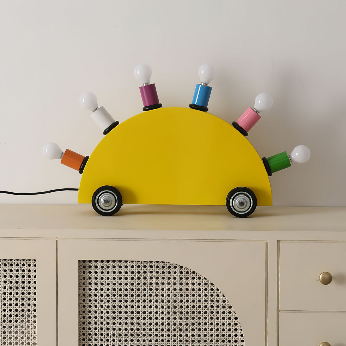 Memphis Style Cartoon Car Table Lamp with Six Bulbs, Metal Body in Yellow or Blue