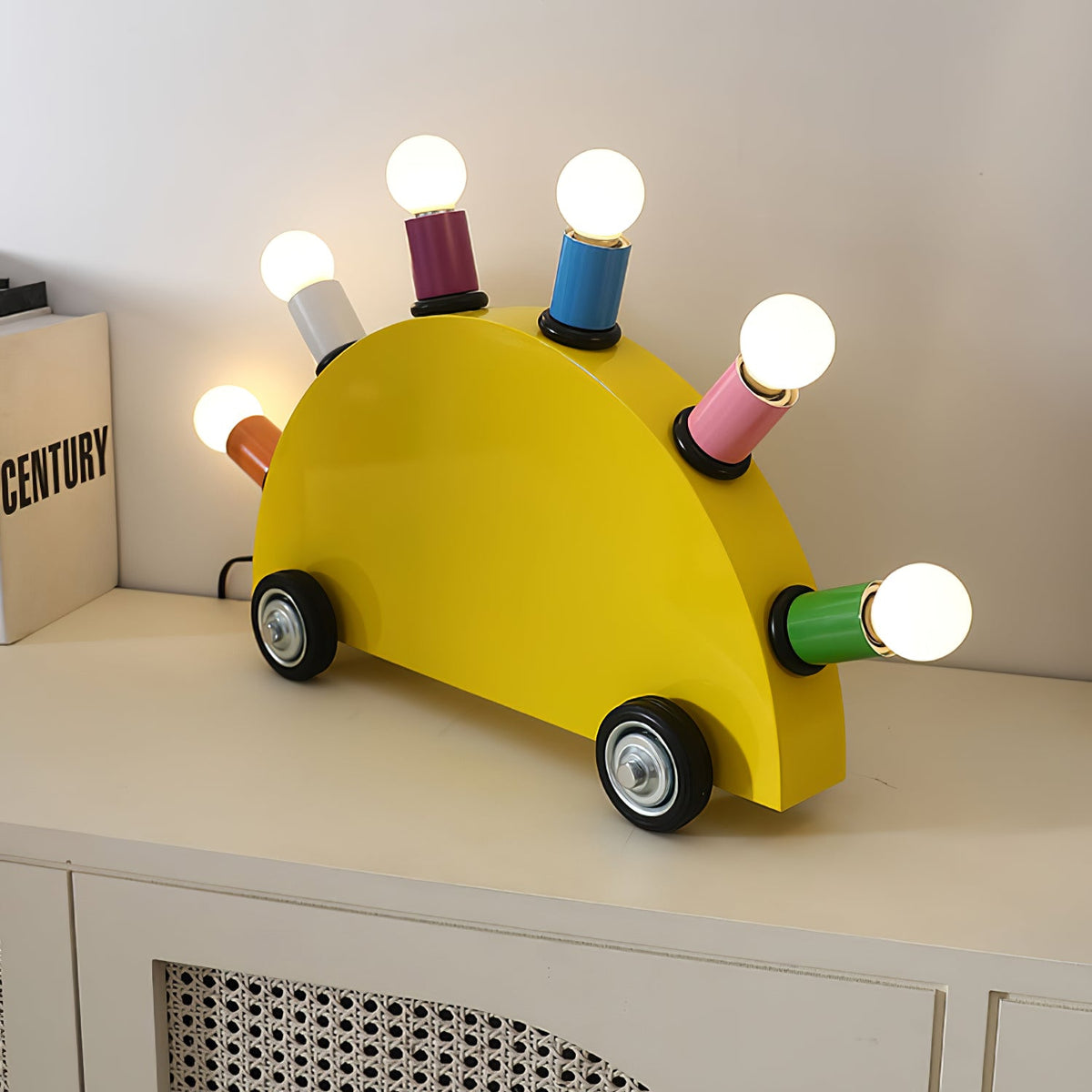 Memphis Style Cartoon Car Table Lamp with Six Bulbs, Metal Body in Yellow or Blue