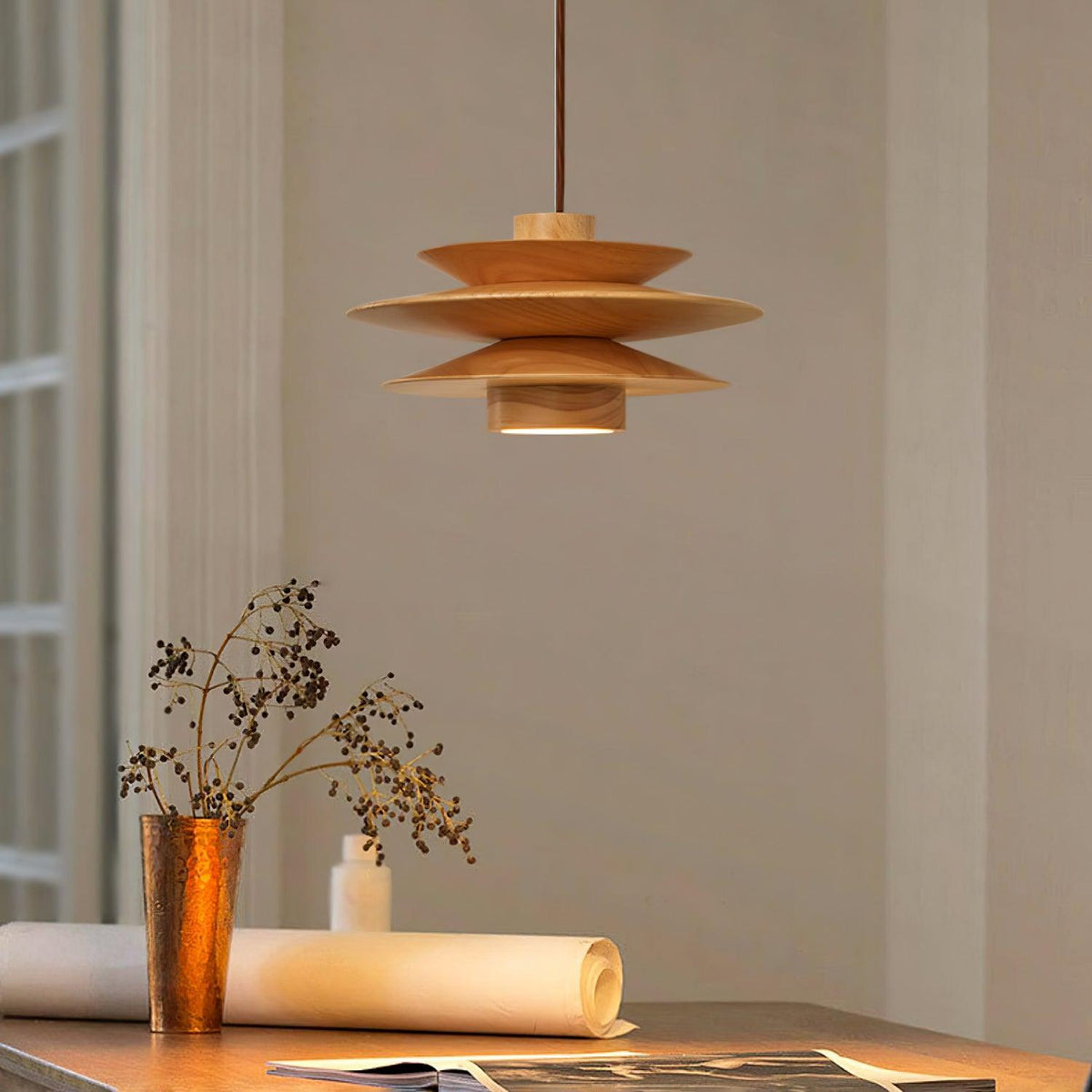 Cascade Wooden Disc Pendant Light – Modern Organic Chandelier for Dining & Living Spaces