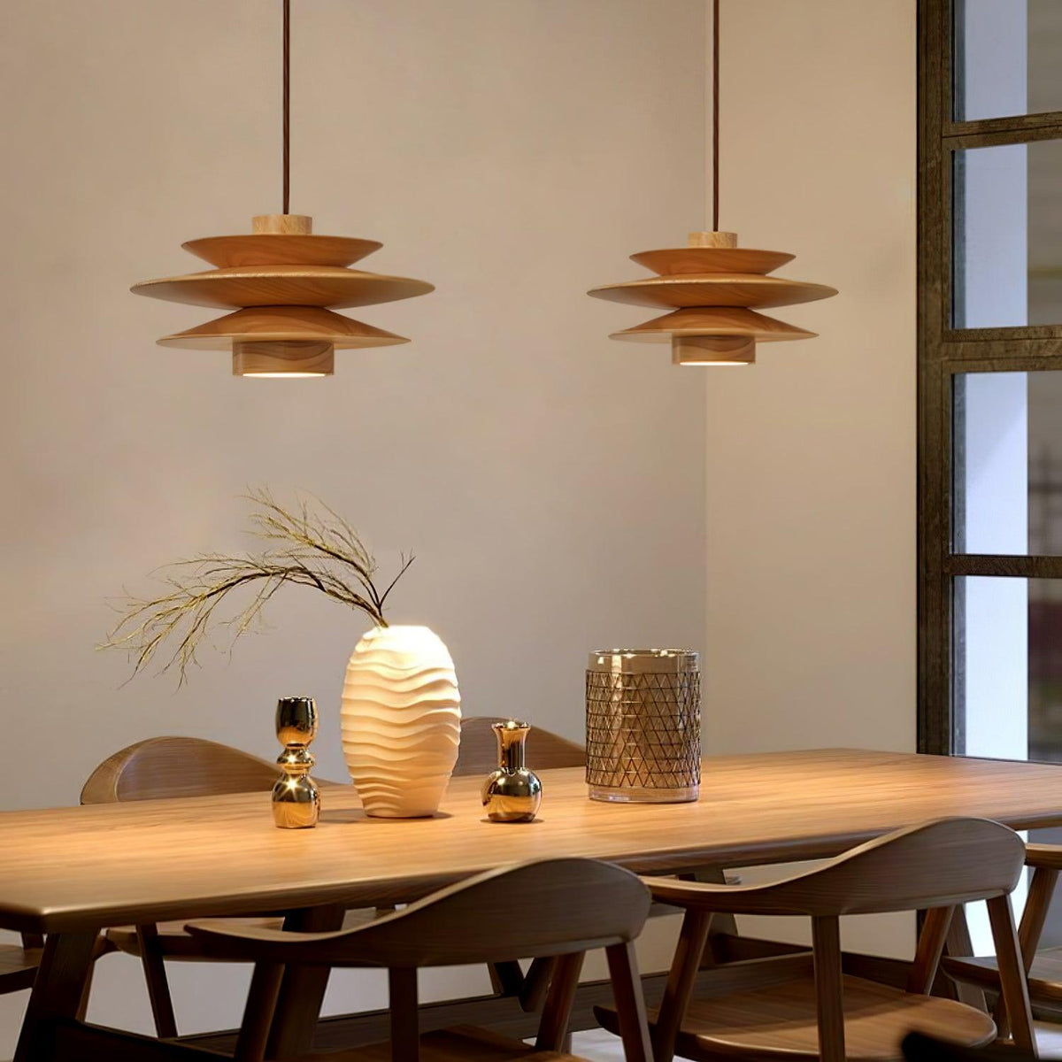 Cascade Wooden Disc Pendant Light – Modern Organic Chandelier for Dining & Living Spaces