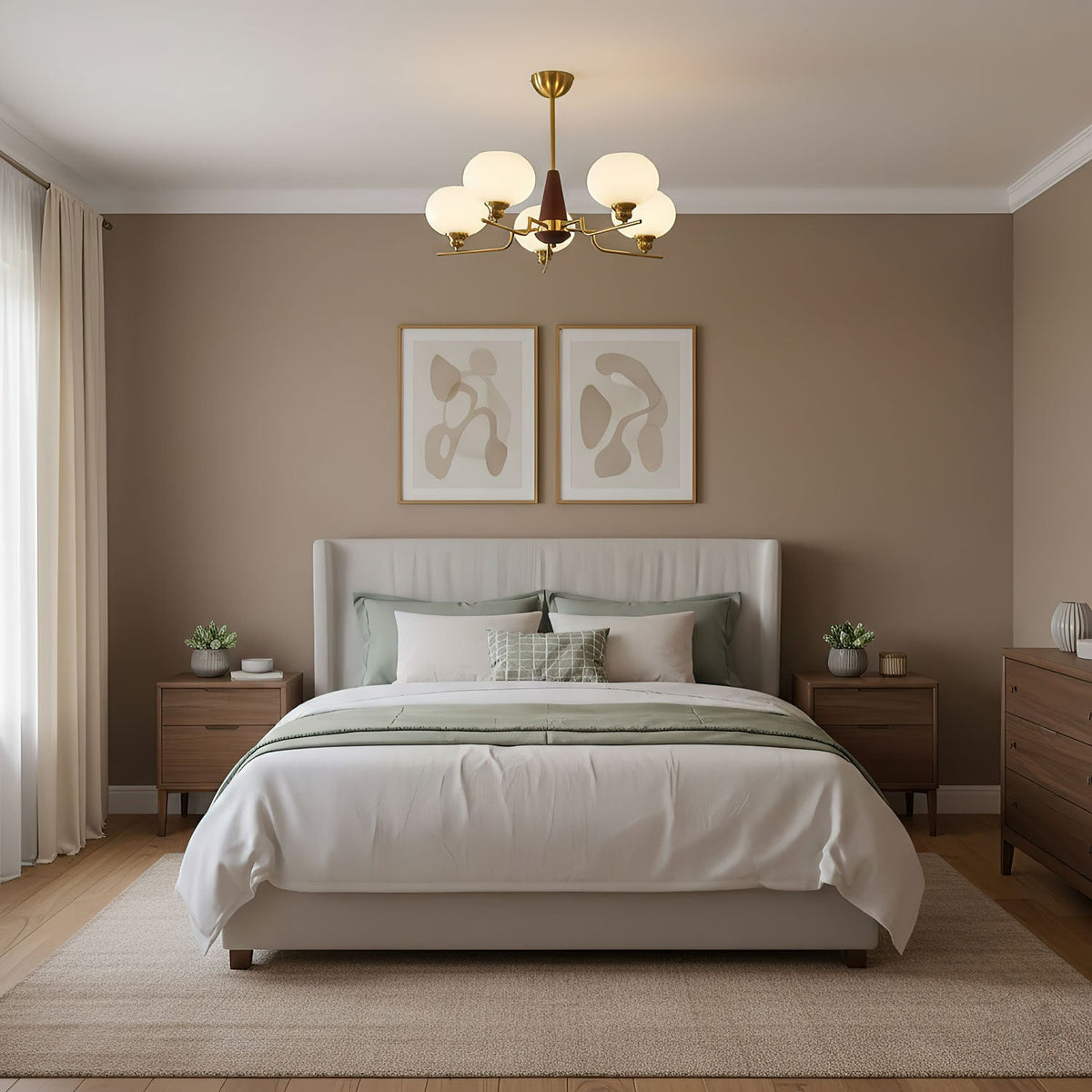 Celeste Walnut Sphere Chandelier – Modern Brass & Glass Pendant Light