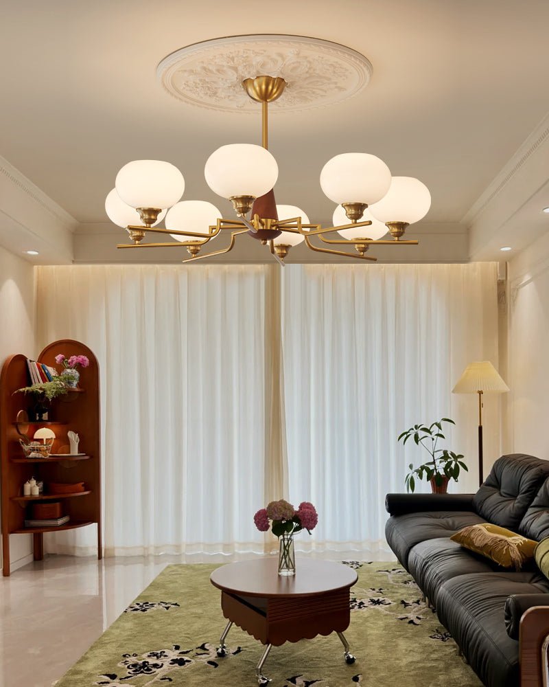Celeste Walnut Sphere Chandelier – Modern Brass & Glass Pendant Light