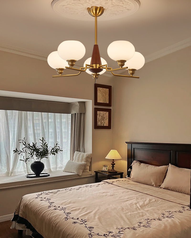 Celeste Walnut Sphere Chandelier – Modern Brass & Glass Pendant Light