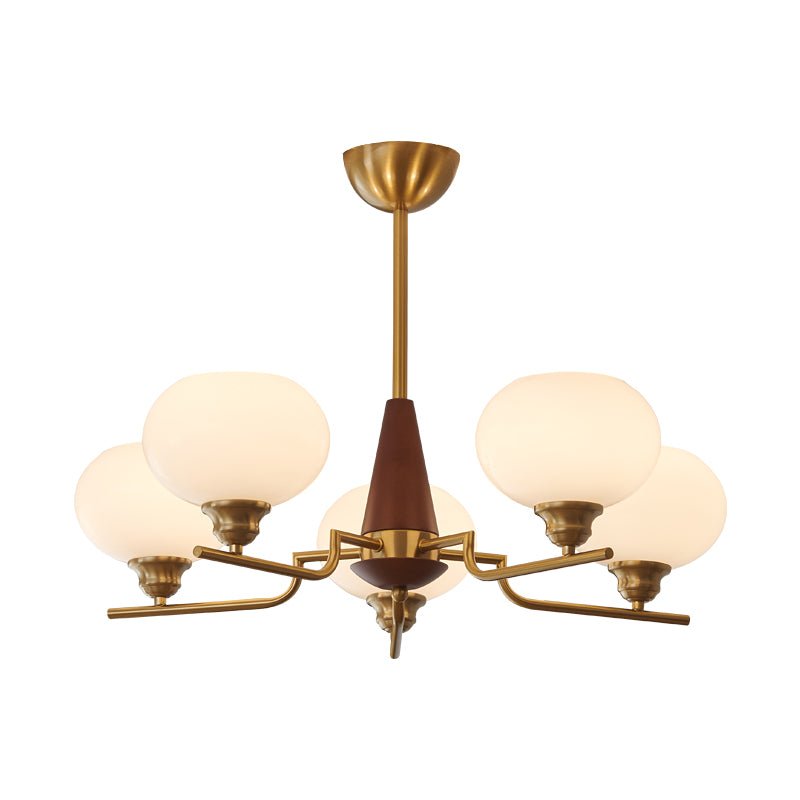 Celeste Walnut Sphere Chandelier – Modern Brass & Glass Pendant Light