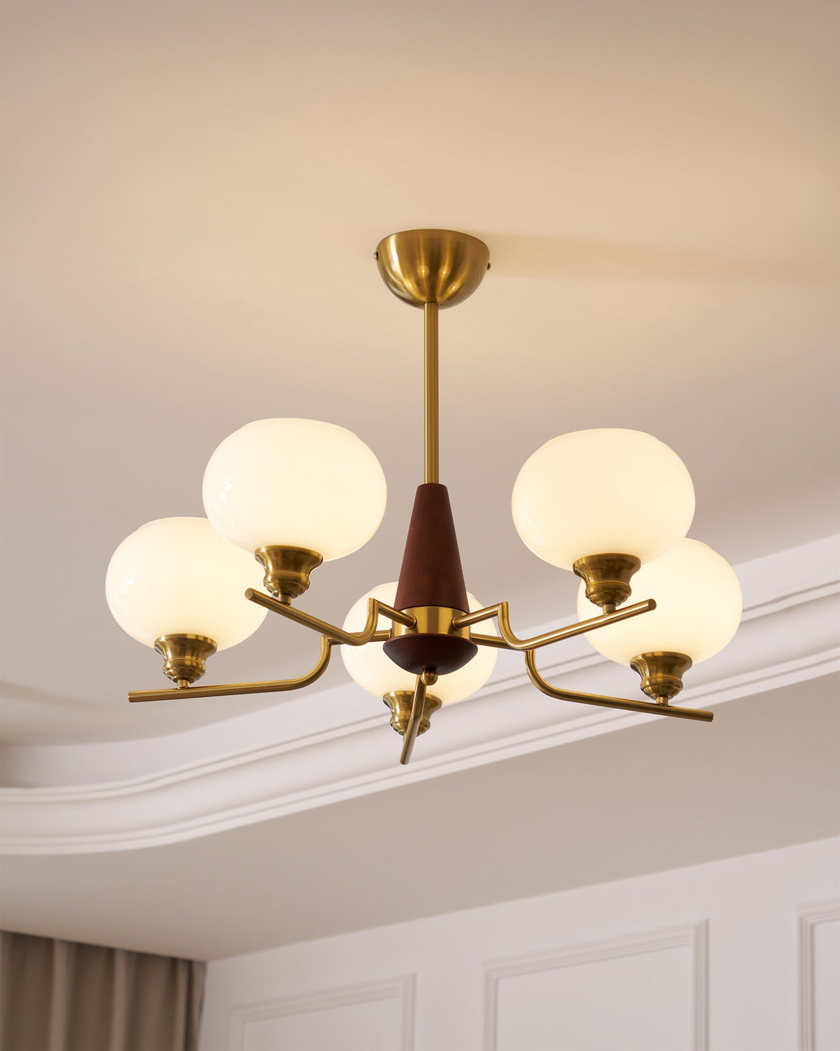 Celeste Walnut Sphere Chandelier – Modern Brass & Glass Pendant Light