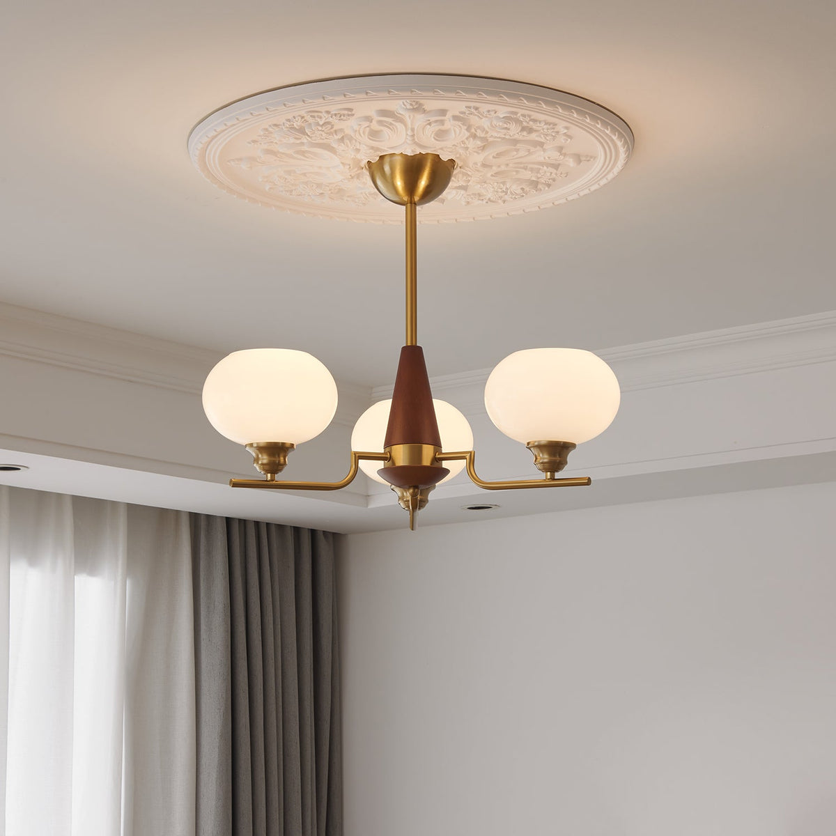 Celeste Walnut Sphere Chandelier – Modern Brass & Glass Pendant Light