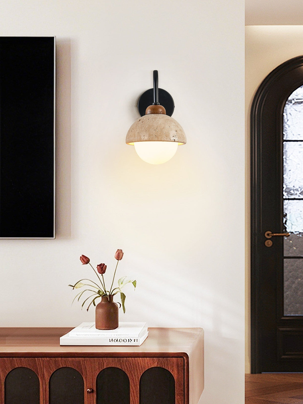 Celestia Travertine Wall Sconce with Walnut Accent