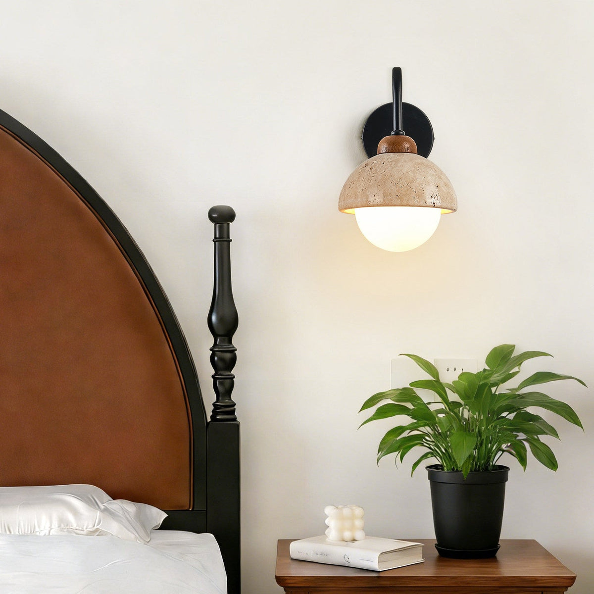 Celestia Travertine Wall Sconce with Walnut Accent