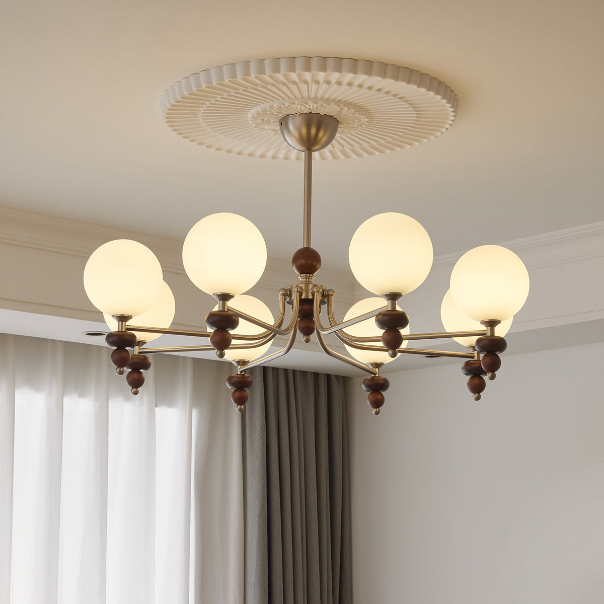 Celestial Sphere Walnut Chandelier – Modern Wood & Glass Pendant Light