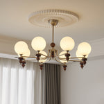 Celestial Sphere Walnut Chandelier – Modern Wood & Glass Pendant Light