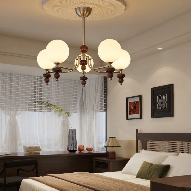 Celestial Sphere Walnut Chandelier – Modern Wood & Glass Pendant Light