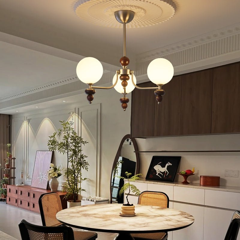 Celestial Sphere Walnut Chandelier – Modern Wood & Glass Pendant Light