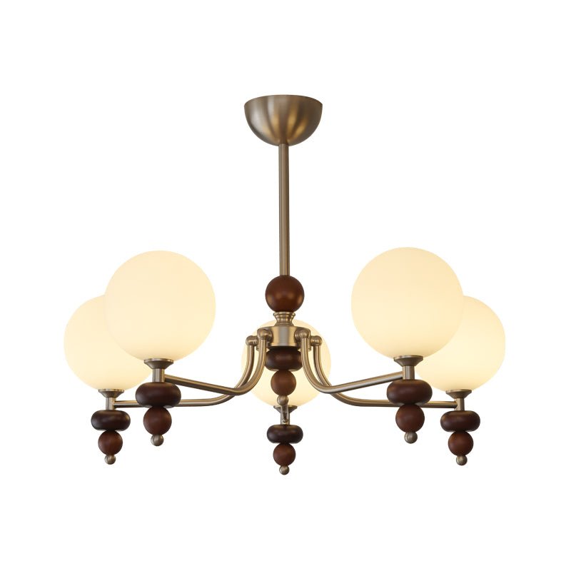 Celestial Sphere Walnut Chandelier – Modern Wood & Glass Pendant Light