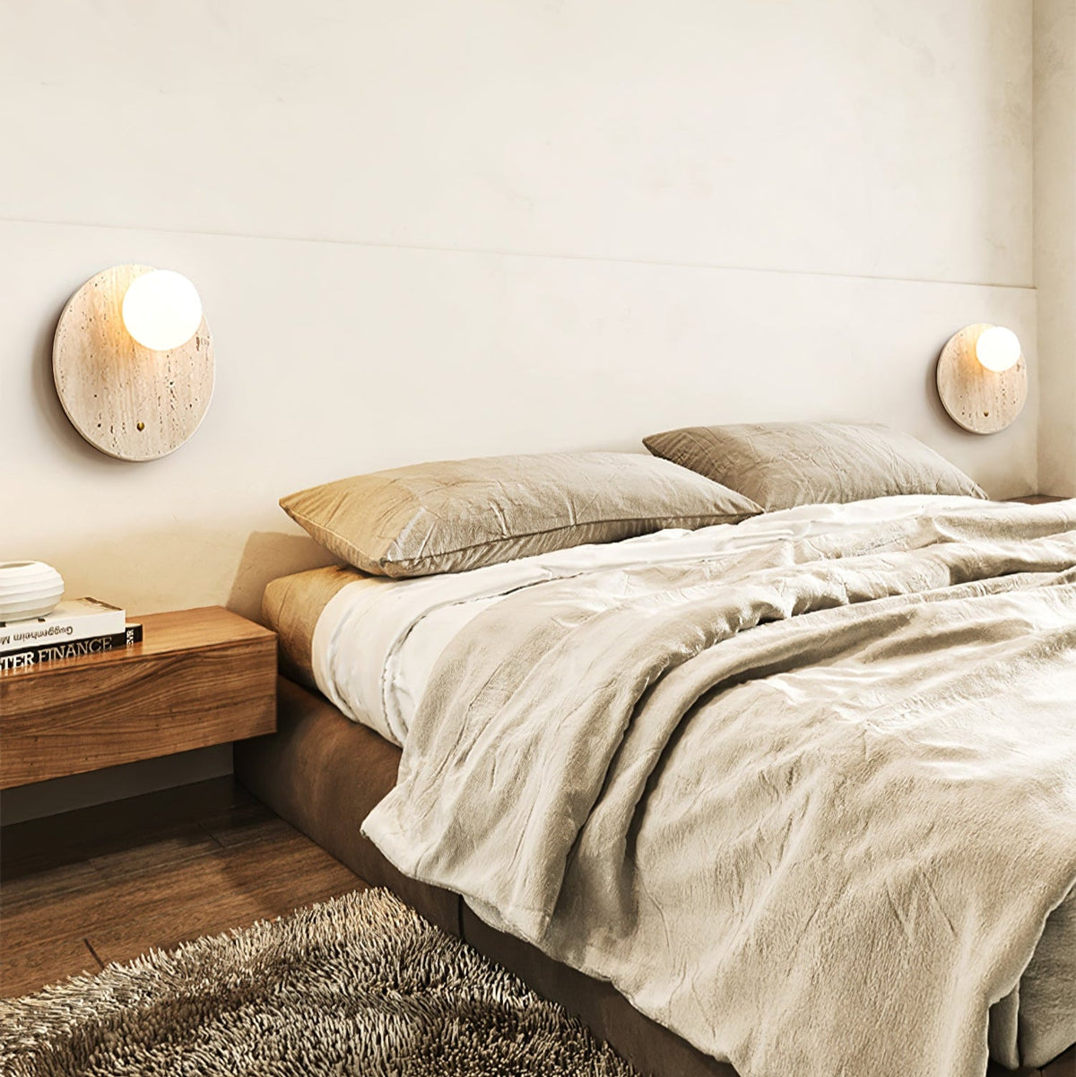 Luna Travertine Wall Sconce — Natural Stone & Glass Ambient Light