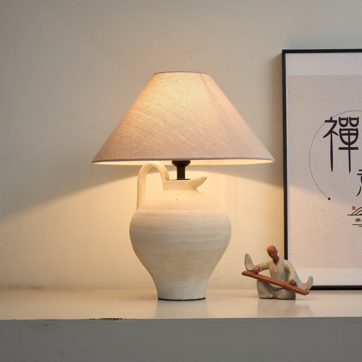 Artisan Ceramic Pitcher Table Lamp with Linen Shade for Bedroom & Living Room