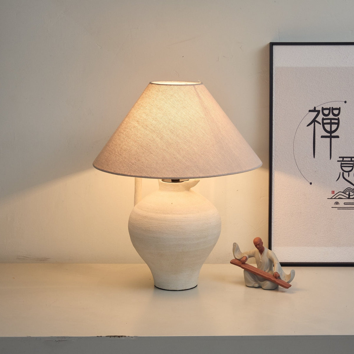 Artisan Ceramic Pitcher Table Lamp with Linen Shade for Bedroom & Living Room