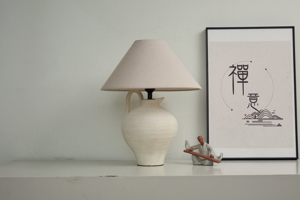 Artisan Ceramic Pitcher Table Lamp with Linen Shade for Bedroom & Living Room