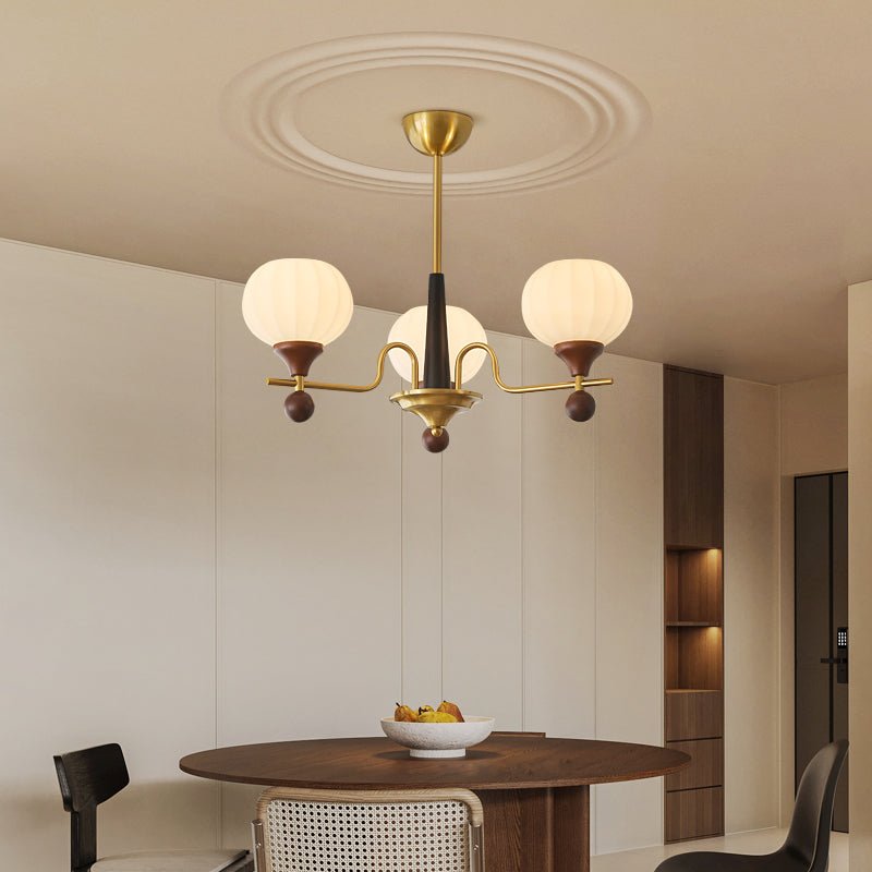 Ceylian Modern Wood and Glass Chandelier with Brass Accents for Dining Room and Foyer