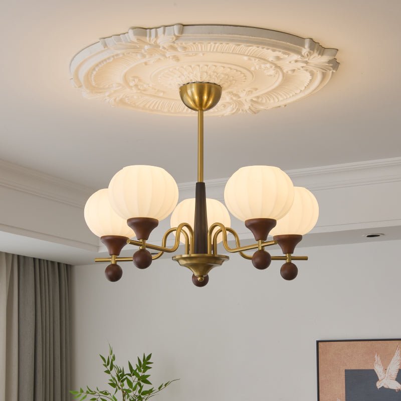 Ceylian Modern Wood and Glass Chandelier with Brass Accents for Dining Room and Foyer