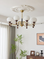 Ceylian Modern Wood and Glass Chandelier with Brass Accents for Dining Room and Foyer