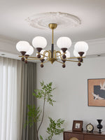 Ceylian Modern Wood and Glass Chandelier with Brass Accents for Dining Room and Foyer