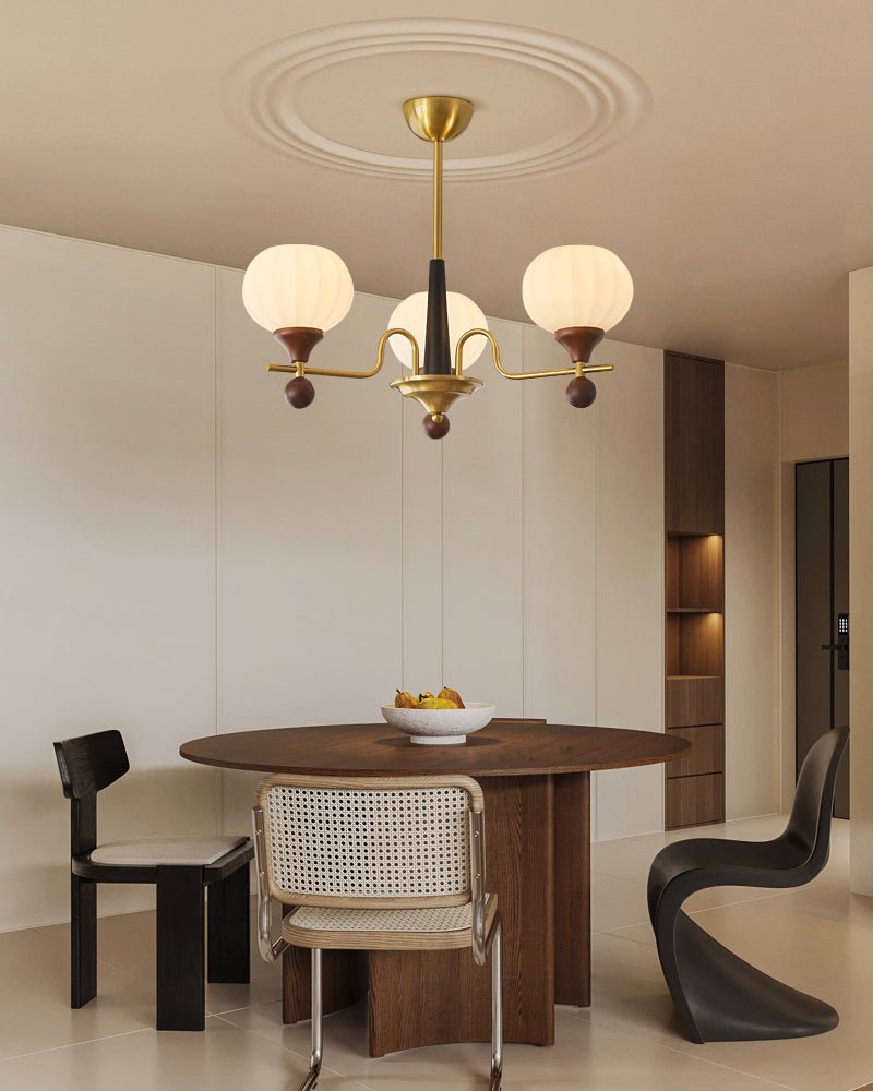 Ceylian Modern Wood and Glass Chandelier with Brass Accents for Dining Room and Foyer
