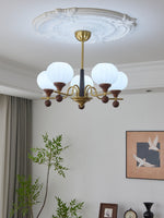 Ceylian Modern Wood and Glass Chandelier with Brass Accents for Dining Room and Foyer