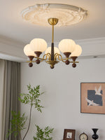 Ceylian Modern Wood and Glass Chandelier with Brass Accents for Dining Room and Foyer