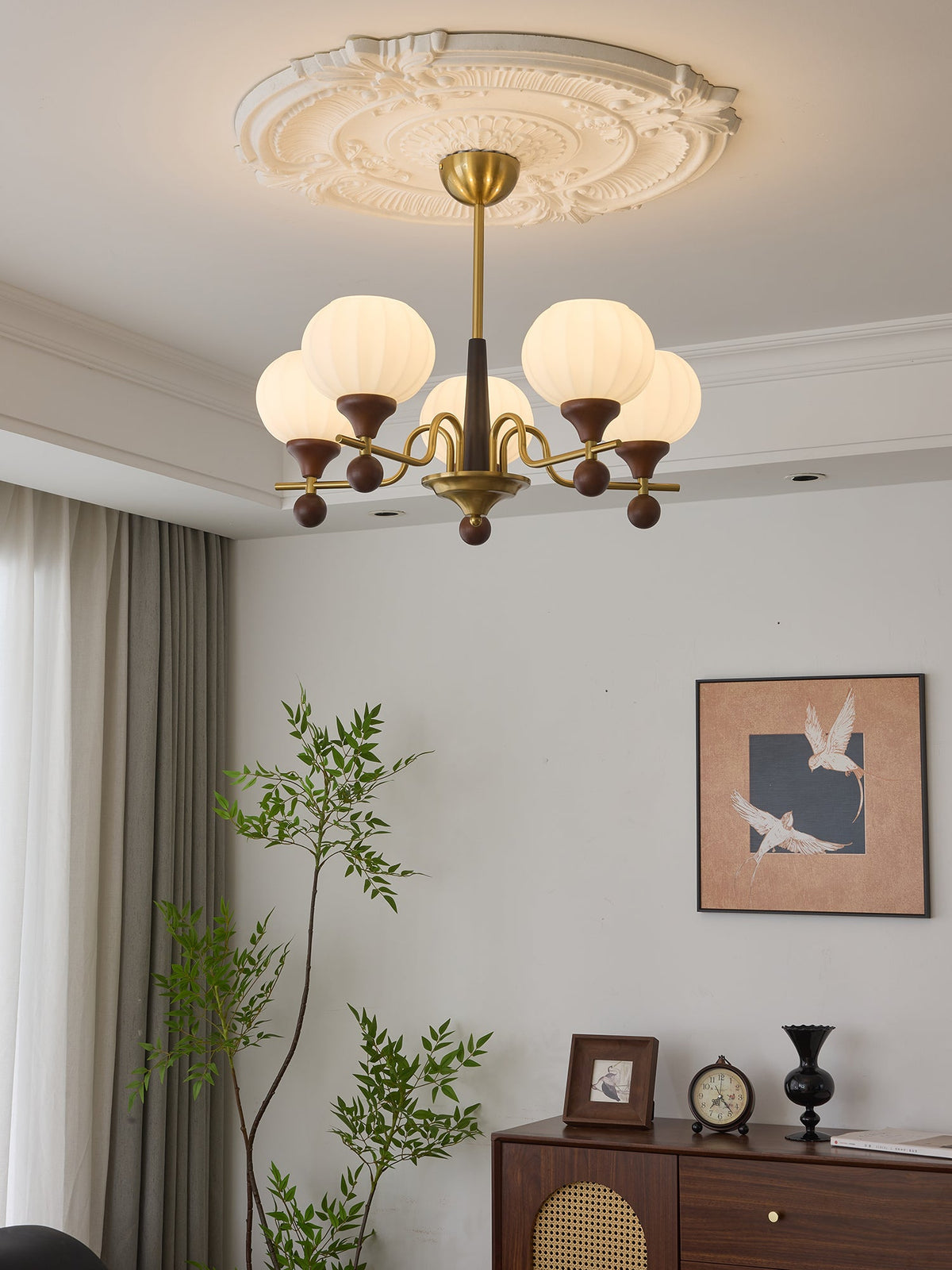 Ceylian Modern Wood and Glass Chandelier with Brass Accents for Dining Room and Foyer