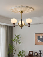 Ceylian Modern Wood and Glass Chandelier with Brass Accents for Dining Room and Foyer
