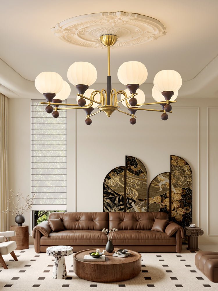 Ceylian Modern Wood and Glass Chandelier with Brass Accents for Dining Room and Foyer