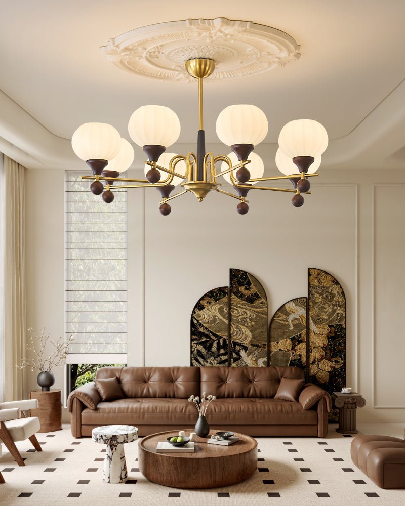 Ceylian Modern Wood and Glass Chandelier with Brass Accents for Dining Room and Foyer