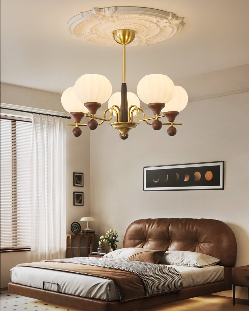 Ceylian Modern Wood and Glass Chandelier with Brass Accents for Dining Room and Foyer