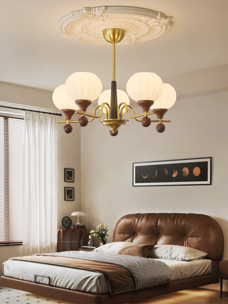 Ceylian Modern Wood and Glass Chandelier with Brass Accents for Dining Room and Foyer
