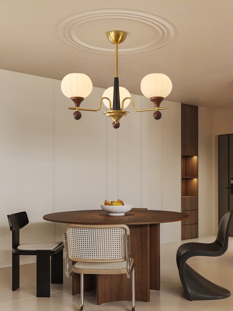 Ceylian Modern Wood and Glass Chandelier with Brass Accents for Dining Room and Foyer