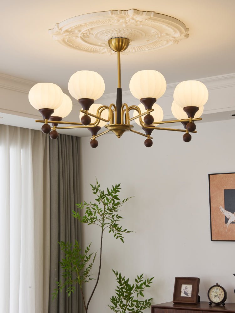 Ceylian Modern Wood and Glass Chandelier with Brass Accents for Dining Room and Foyer