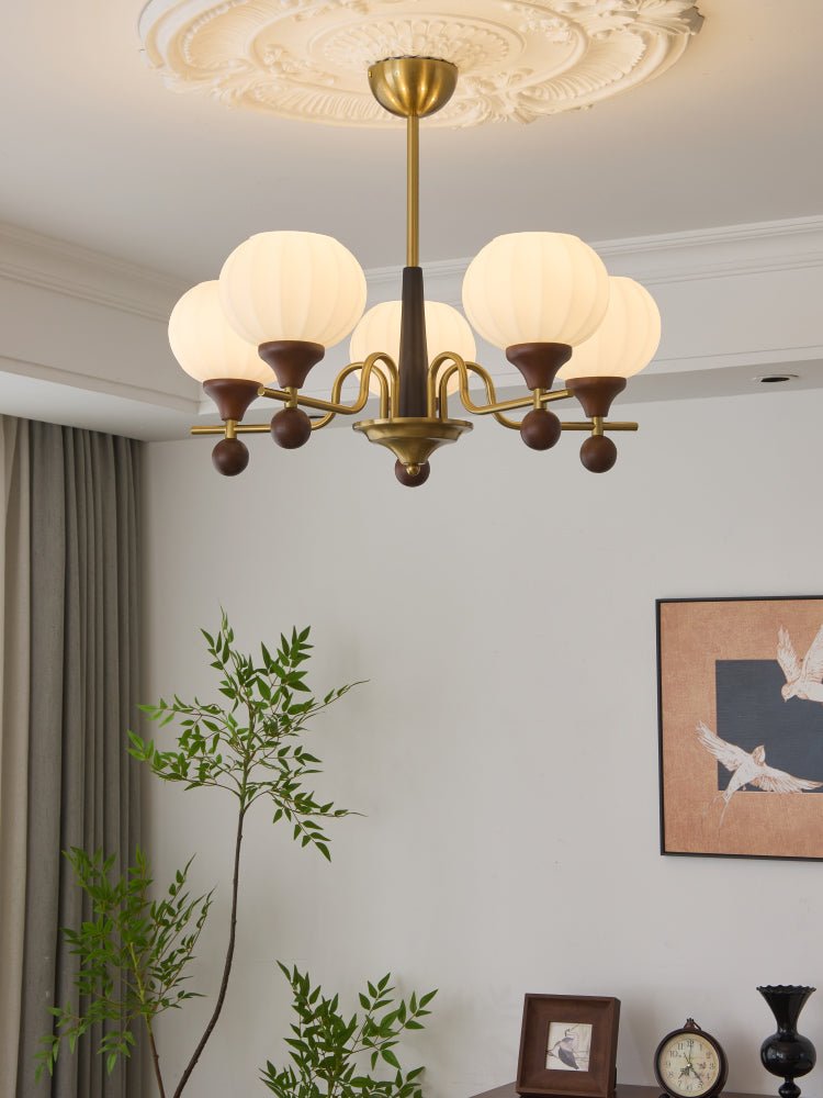 Ceylian Modern Wood and Glass Chandelier with Brass Accents for Dining Room and Foyer