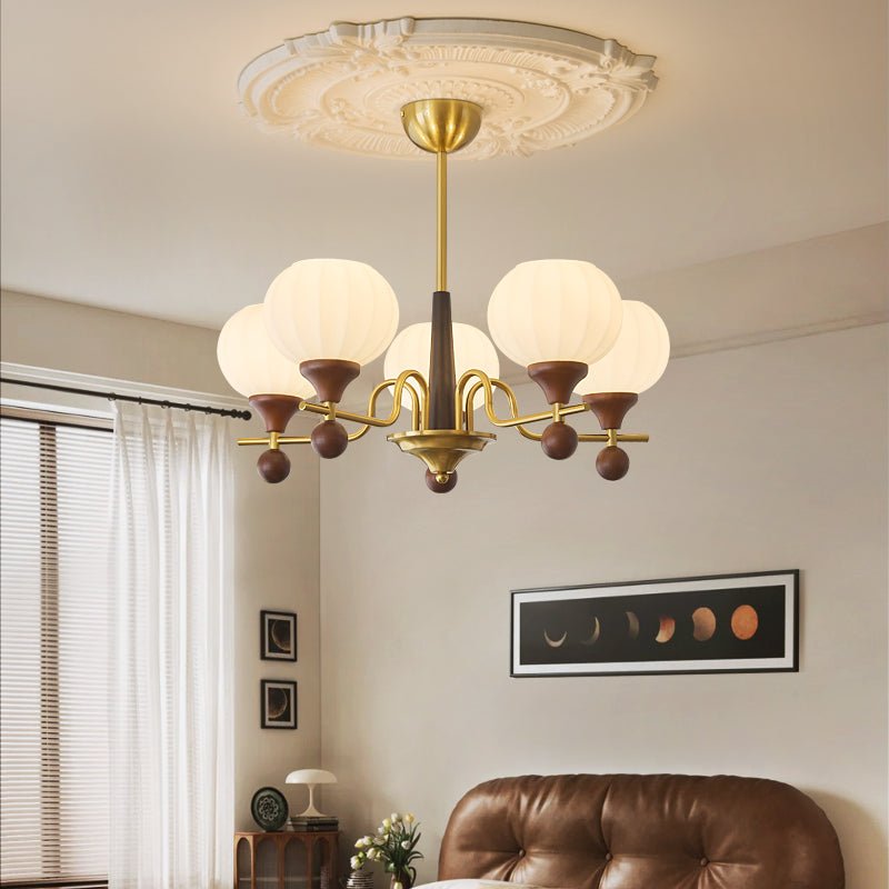 Ceylian Modern Wood and Glass Chandelier with Brass Accents for Dining Room and Foyer
