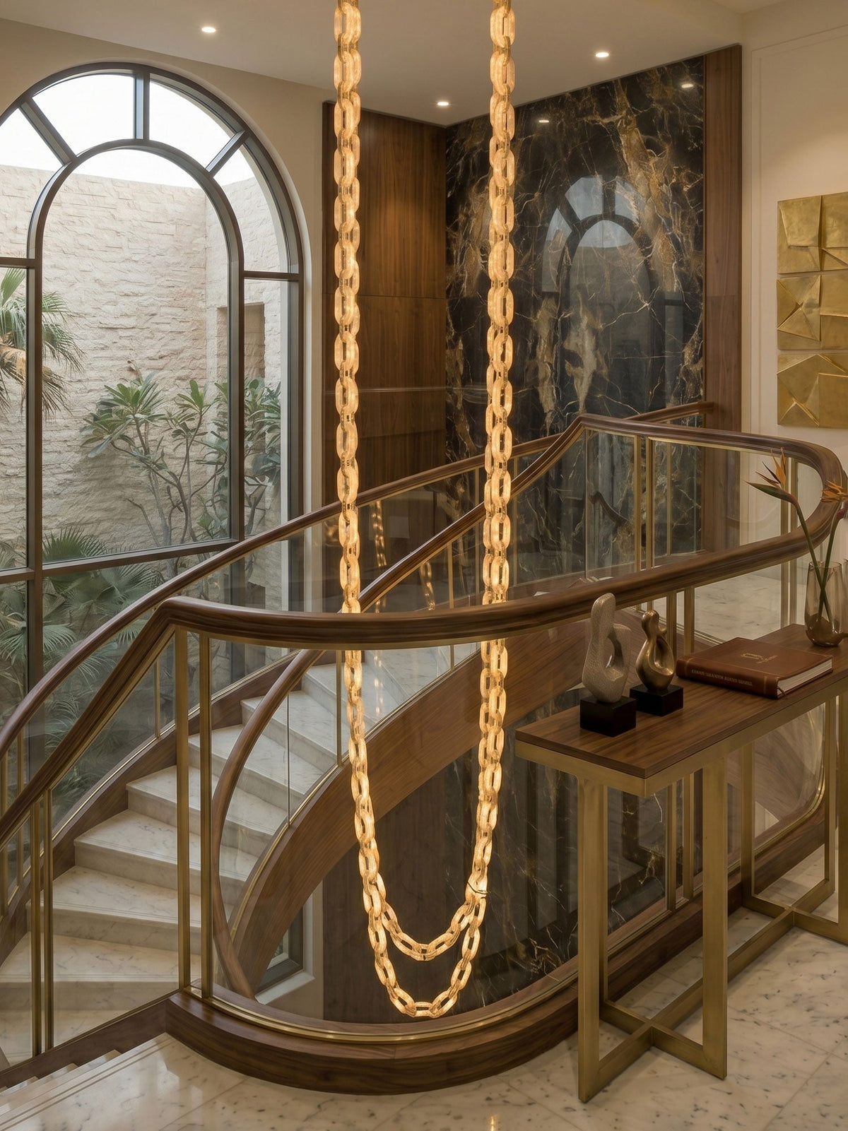 Modern Alabaster Chain Link Chandelier with Brass Accents